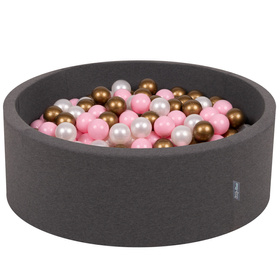 KiddyMoon Baby Foam Ball Pit with Balls ∅ 7cm / 2.75in Made in EU, dark grey:powder pink/pearl/gold, 90x30cm/300 balls