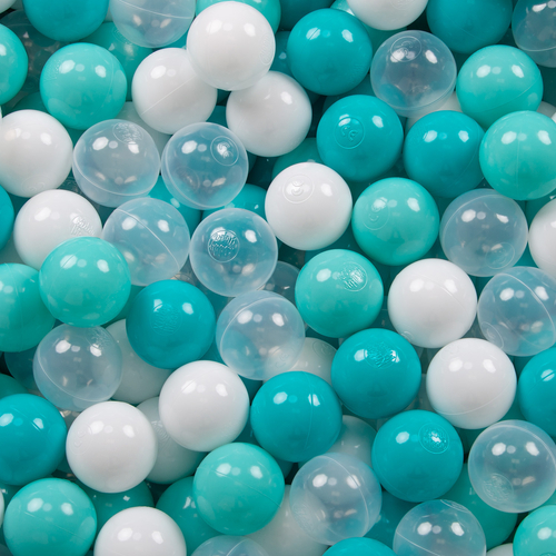 KiddyMoon Soft Plastic Play Balls ∅ 7cm/2.75in Multi-colour Made in EU, light turquoise/white/transparent/ turquoise, 300 Balls/7cm-2.75in