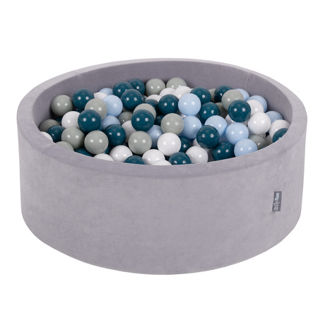 KiddyMoon Soft Ball Pit Round ∅ 7cm / 2.75In for Kids, Foam Velvet Ball Pool Baby Playballs, Made In The EU, grey mountains:dark turquoise/greengrey/pastel blue/white, 90x30cm/200 balls