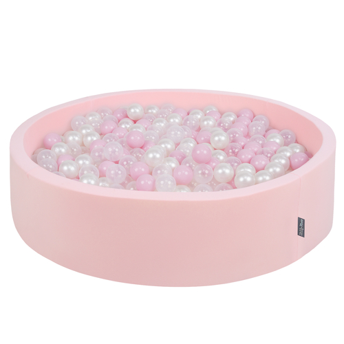 KiddyMoon Soft Ball Pit Round ∅ 7Cm / 2.75In For Kids, Foam Ball Pool Baby Playballs Children, Made In The EU, pink:powder pink-pearl-transparent, 120x30cm/1000 balls