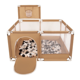 square play pen filled with plastic balls basketball, beige:pastel beige/grey/white/black, 200 balls