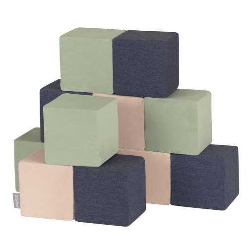 KiddyMoon Soft Foam Building Blocks for Babies & Toddlers, Washable Cotton Zip Cover, 14cm Cubes, Sensory Toy, cubes: dark blue-beige-sage, 12 Pieces