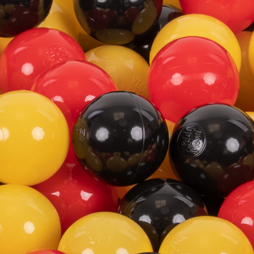 KiddyMoon Soft Plastic Play Balls ∅ 7cm/2.75in Multi-colour Made in EU, black/yellow/red, 200 Balls/7cm-2.75in