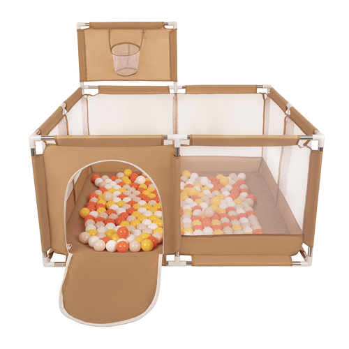square play pen filled with plastic balls basketball, beige:yellow/orange/pastel beige/white, 400 balls