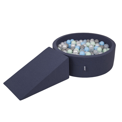 KiddyMoon Foam Playground for Kids with Round Ballpit ( ∅ 7cm/2.75In) Soft Obstacles Course and Ball Pool, Made In The EU, darkblue:pearl/grey/transparent/babyblue/mint, Ballpit (100 Balls) + Wedge