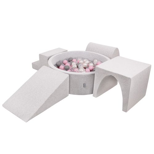 KiddyMoon Foam Playground for Kids with Round Ballpit ( ∅ 7cm/2.75In) Soft Obstacles Course and Ball Pool, Made In The EU, lightgrey:pearl/grey/transparent/powderpink, Ballpit (200 Balls) + Version 3