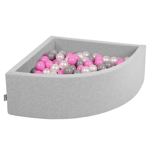 KiddyMoon Soft Ball Pit Quarter Angular ∅ 7cm / 2.75In for Kids, Foam Ball Pool Baby Playballs, Made In The EU, light grey:pearl/grey/pink, 90x30cm/200 balls