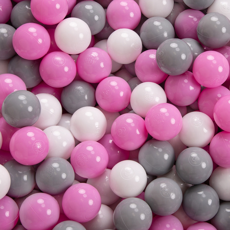 KiddyMoon Soft Ball Pit Quarter Angular ∅ 7cm / 2.75In for Kids, Foam Ball Pool Baby Playballs, Made In The EU, light grey:grey/white/pink, 90x30cm/200 balls