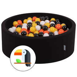 KiddyMoon Baby Foam Ball Pit with Balls ∅ 7cm / 2.75in Made in EU, Toucan: black/white/orange/yellow, 90x30cm/200 balls