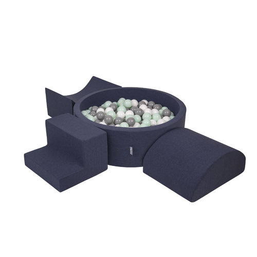 KiddyMoon Foam Playground for Kids with Round Ball pit ( ∅ 7cm/2.75In) Soft Obstacles Course and Ball Pool, Certified Made In The EU, darkblue:white/grey/mint, Ballpit (300 Balls) + Version 6