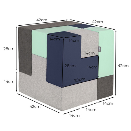 KiddyMoon Soft Foam Cubes Building Blocks 14cm for Children Multifunctional Foam Construction Montessori Toy for Babies, Certified Made in The EU, dark blue:light grey-dark grey-dark blue-mint, 9 Pieces