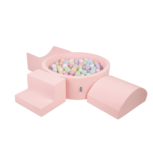 KiddyMoon Foam Playground for Kids with Round Ball pit ( ∅ 7cm/2.75In) Soft Obstacles Course and Ball Pool, Certified Made In The EU, pink:pastel blue/pastel yellow/white/mint/light pink, Ballpit (200 Balls) + Version 6