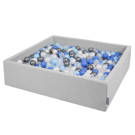 KiddyMoon Soft Ball Pit Square  ∅ 7Cm / 2.75In For Kids, Foam Ball Pool Baby Playballs Children, Made In The EU, light grey:pearl-blue-babyblue-transparent, 120x30cm/1000 balls