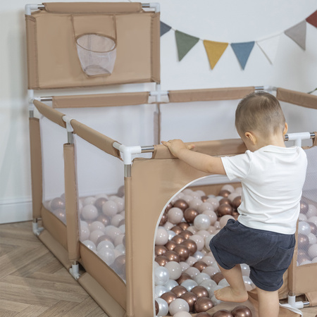 square play pen filled with plastic balls basketball, beige, No Balls