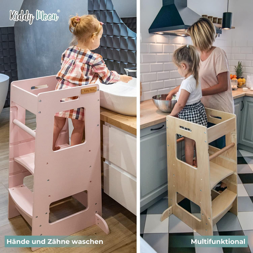 KiddyMoon Toddler Learning Tower, Montessori Kitchen Step Stool, Height Adjustable (3 Levels), Safety Rail, Natural, 91,5x39,3x49,4