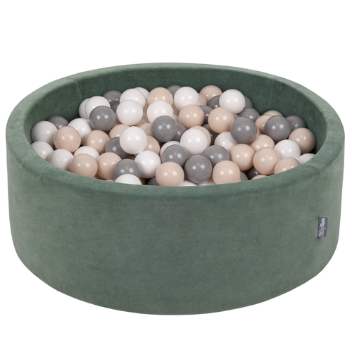 KiddyMoon Soft Ball Pit Round ∅ 7cm / 2.75In for Kids, Foam Velvet Ball Pool Baby Playballs, Made In The EU, forest green:pastel beige/grey/white, 90 x 30 cm / 300 Balls