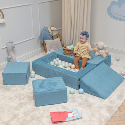 KiddyMoon Children's Foam Sofa with Wedge and Play Balls Set for Play Soft Perfect for Kids Room Lightweight Learning Relaxation Removable Covers Easy Cleaning, blue: pastel beige/pastel blue/white/pearl, Sofa/Wedge + 100 Balls