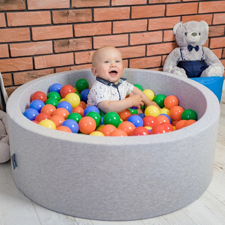 KiddyMoon Baby Foam Ball Pit with Balls ∅ 7cm / 2.75in Square Made in EU, light grey:yellow/green/blue/red/orange, 90x30cm/200 balls