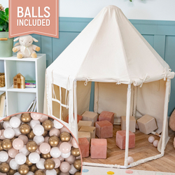 KiddyMoon Play Tent for Kids Pavilion Playhouse Cotton Fabric Indoor Outdoor Use Foldable Design Easy Assembly And Storage Perfect For Play Relaxing And Imaginative Adventures, natural: pastel beige/white/gold, 200 Balls