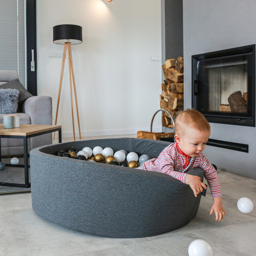 KiddyMoon Soft Plastic Play Balls ∅ 7cm/2.75in Multi-colour Made in EU, white/grey/black/gold, 100 Balls/7cm-2.75in
