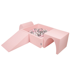 KiddyMoon Foam Playground for Kids with Square Ballpit ( ∅ 7cm/2.75In) Soft Obstacles Course and Ball Pool, Certified Made In The EU, pink:pearl/grey/transparent/powder pink, Ballpit (200 Balls) + Version 2
