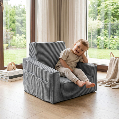 Foam armchair for kids convertible into bed, handle and side pockets, corduroy cover, dark grey, UNI