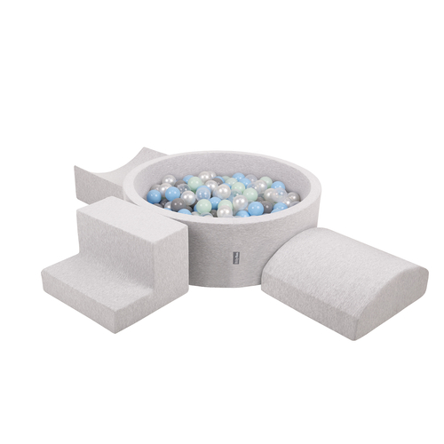 KiddyMoon Foam Playground for Kids with Round Ball pit ( ∅ 7cm/2.75In) Soft Obstacles Course and Ball Pool, Certified Made In The EU, lightgrey:pearl/grey/transparent/babyblue/mint, Ballpit (300 Balls) + Version 6