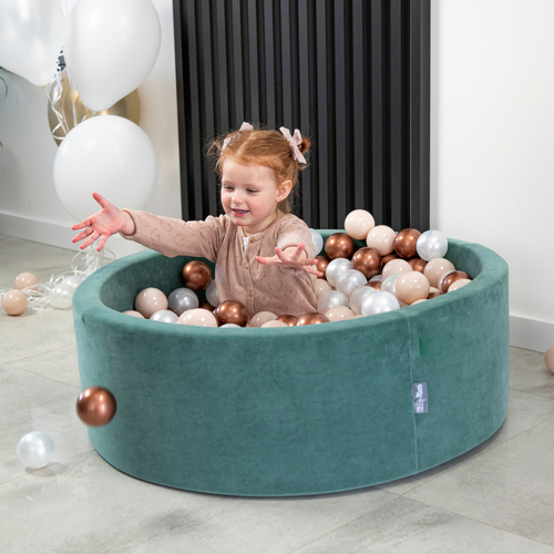 KiddyMoon Soft Ball Pit Round ∅ 7cm / 2.75In for Kids, Foam Velvet Ball Pool Baby Playballs, Made In The EU, forest green:pastel beige/copper/pearl , 90 x 30 cm / 300 Balls