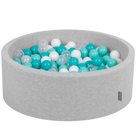 KiddyMoon Baby Foam Ball Pit with Balls ∅ 7cm / 2.75in Made in EU, light grey:lt turquoise/white/transparent/turquois, 90x30cm/200 balls