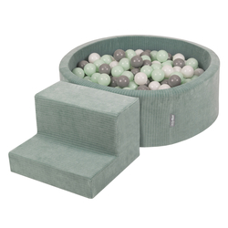 KiddyMoon Foam Playground For Kids Soft Textured Safe Blocks, green: white/grey/mint, Ballpit (200 Balls) + Steps