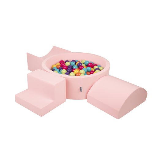 KiddyMoon Foam Playground for Kids with Round Ball pit ( ∅ 7cm/2.75In) Soft Obstacles Course and Ball Pool, Certified Made In The EU, pink:lgreen/yellow/turquoise/orange/dpink/purple, Ballpit (300 Balls) + Version 6