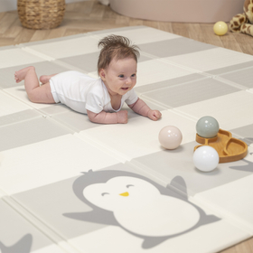 KiddyMoon Baby Play Mat Double-Sided Foam Mat For Kids Crawling Mat For Children Encourages Imagination Colourful Patterns Play Area Foldable Ideal for Indoors and Outdoors, White-Penguin, 180x200x1cm