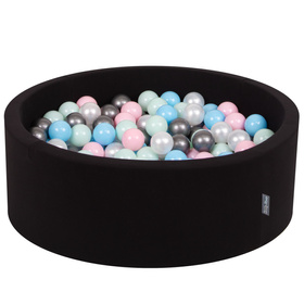 KiddyMoon Baby Foam Ball Pit with Balls ∅ 7cm / 2.75in Made in EU, black:pearl/light pink/babyblue/mint/silver, 90x30cm/200 balls