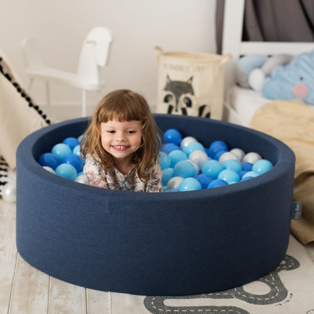 KiddyMoon Baby Foam Ball Pit with Balls ∅ 7cm / 2.75in Made in EU, dark blue:babyblue/blue/pearl, 90x30cm/300 balls