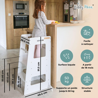 KiddyMoon Toddler Learning Tower, Montessori Kitchen Step Stool, Height Adjustable (3 Levels), Safety Rail, White, 91,5x39,3x49,4