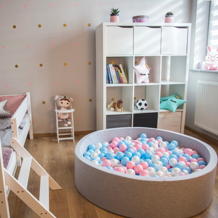 KiddyMoon Soft Ball Pit Square  ∅ 7Cm / 2.75In For Kids, Foam Ball Pool Baby Playballs Children, Made In The EU, light grey:babyblue-powder pink-pearl, 120x30cm/200 balls