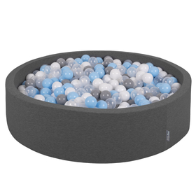 KiddyMoon Soft Ball Pit Round  ∅ 7Cm / 2.75In For Kids, Foam Ball Pool Baby Playballs Children, Made In The EU, dark grey:grey/white/transparent/babyblue, 120x30cm/600 balls