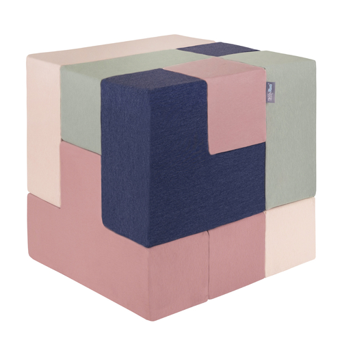KiddyMoon Soft Foam Building Blocks for Babies & Toddlers, Washable Cotton Zip Cover, 14cm Cubes, Sensory Toy, heather-dark blue-beige-sage, 9 Pieces
