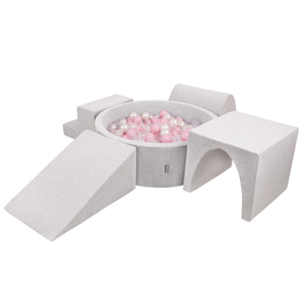 KiddyMoon Foam Playground for Kids with Round Ballpit ( ∅ 7cm/2.75In) Soft Obstacles Course and Ball Pool, Certified Made In The EU, lightgrey:powderpink/pearl/transparent, Ballpit (300 Balls) + Version 3