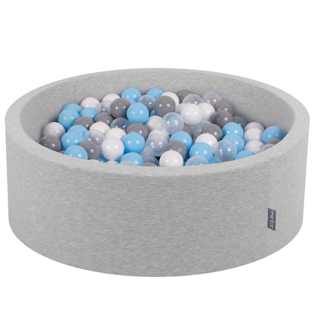 KiddyMoon Baby Foam Ball Pit with Balls ∅ 7cm / 2.75in Made in EU, light grey:grey/white/transparent/babyblue, 90x30cm/200 balls