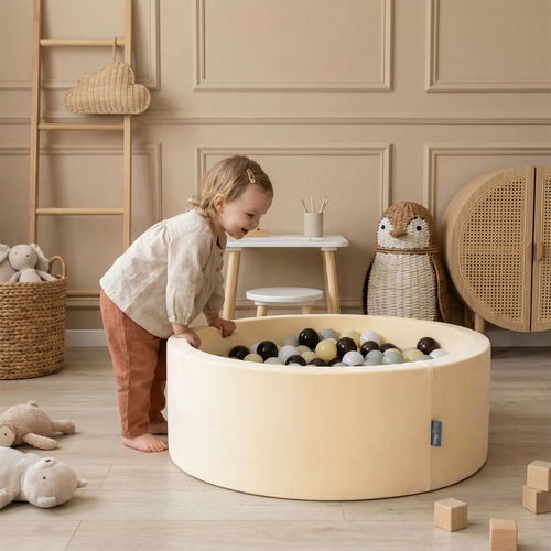 KiddyMoon Foam Ball Pit with Balls for Babies and Toddlers, Soft Sensory Play, Durable Removable Cover, Safe, butter: pastel blue/pastel yellow/grey, 90 x 30 cm / 300 Balls