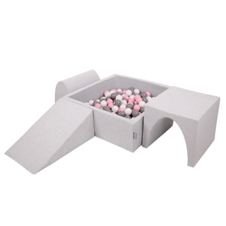 KiddyMoon Foam Playground for Kids with Square Ballpit ( ∅ 7cm/2.75In) Soft Obstacles Course and Ball Pool, Certified Made In The EU, lightgrey:white/grey/powderpink, Ballpit (200 Balls) + Version 2