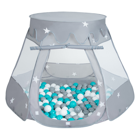 Play Tent For Kids Castle Baby Playhouse For Children With Colorful Balls Pop Up Perfect For Indoor And Outdoor Easy Set Up Includes Carry Bag, grey:grey-white-turquoise, 105x90cm/600 balls
