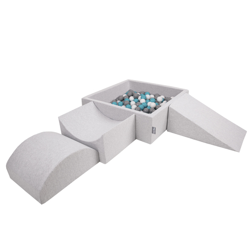 KiddyMoon Foam Playground for Kids with Square Ballpit ( ∅ 7cm/2.75In) Soft Obstacles Course and Ball Pool, Made In The EU, lightgrey:grey/white/turquoise, Ballpit (300 Balls) + Version 4