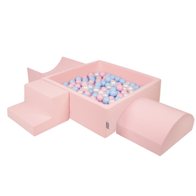 KiddyMoon Foam Playground for Kids with Square Ballpit ( ∅ 7cm/2.75In) Soft Obstacles Course and Ball Pool, Certified Made In The EU, pink:babyblue/powder pink/pearl, Ballpit (200 Balls) + Version 6