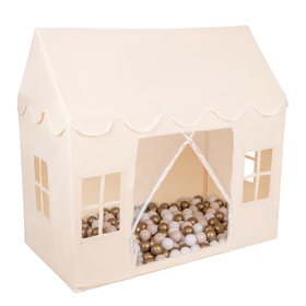 KiddyMoon Playhouse For Kids Foldable Tent Child's Play Cotton Fabric Easy To Assemble Indoor And Outdoor Use With Windows And Doors Encourages Creative Play Compact Storage, natural: pastel beige/white/gold, 200 Balls