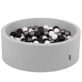 KiddyMoon Baby Foam Ball Pit with Balls ∅ 7cm / 2.75in Made in EU, light grey:white/black/silver, 90x30cm/300 balls