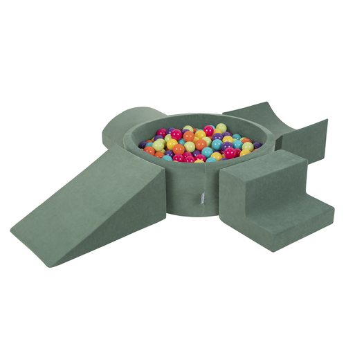 KiddyMoon Foam Playground Velvet for Kids with Round Ballpit ( ∅ 7cm/2.75In) Soft Obstacles Course and Ball Pool, Certified Made In The EU, zieleń lasu: jasny zielony-żółty-turkus-pomarańcz-ciemny róż-fiolet