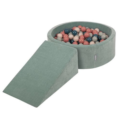 KiddyMoon Foam Playground For Kids Soft Textured Safe Blocks, green: dark turquoise/pastel beige/greygreen/salmon pink, Ballpit (200 Balls) + Wedge