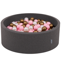 KiddyMoon Baby Foam Ball Pit with Balls ∅ 7cm / 2.75in Made in EU, dark grey:powder pink/pearl/gold, 90x30cm/200 balls
